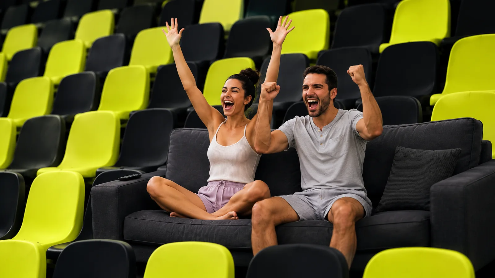 Tu sofá también es grada: pareja celebrando un gol desde su sofá en mitad de la grada de un estadio.